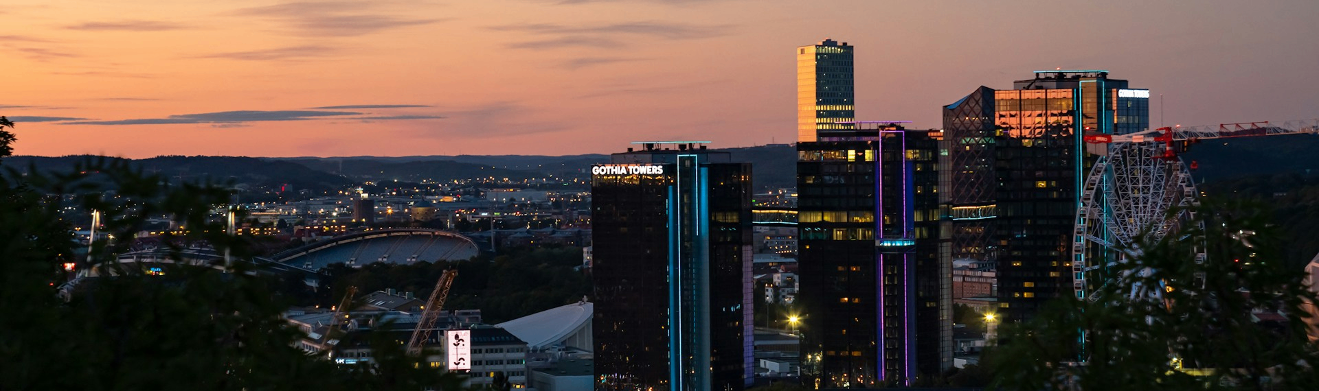 Gothenburg city skyline at sunset with Gothia Towers and the harbour